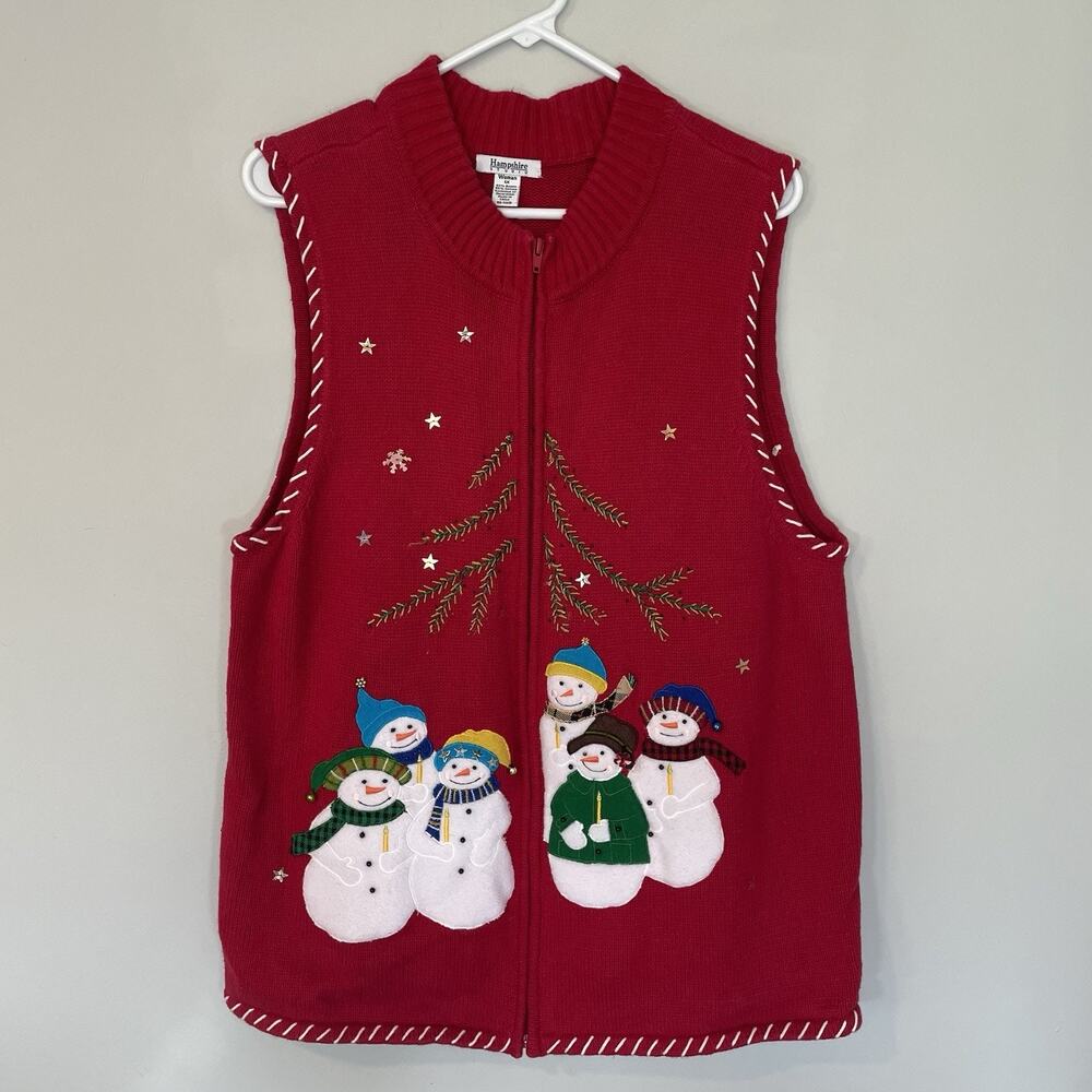 Hampshire Studio Christmas Sweater Vest Snowmen Women’s 1X Embroidered Beaded‎